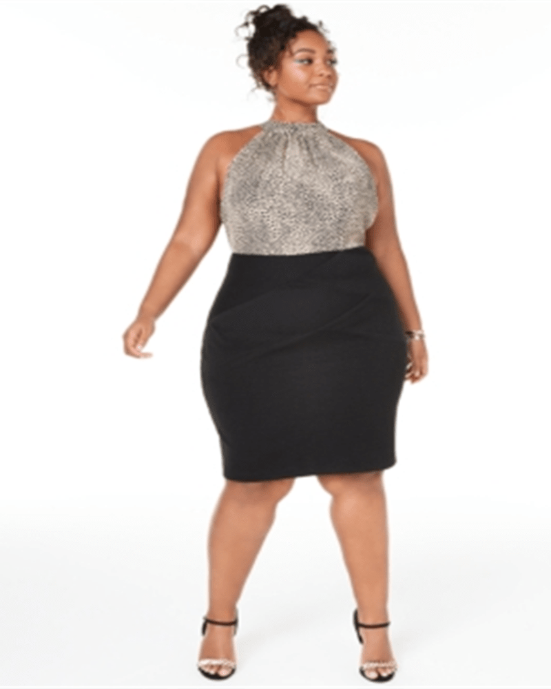 Front of a model wearing a size 14 Teeze Me Women's Plus Animal Print Bandage Halter Dress Black Size 14 in Black by Teeze Me. | dia_product_style_image_id:312816